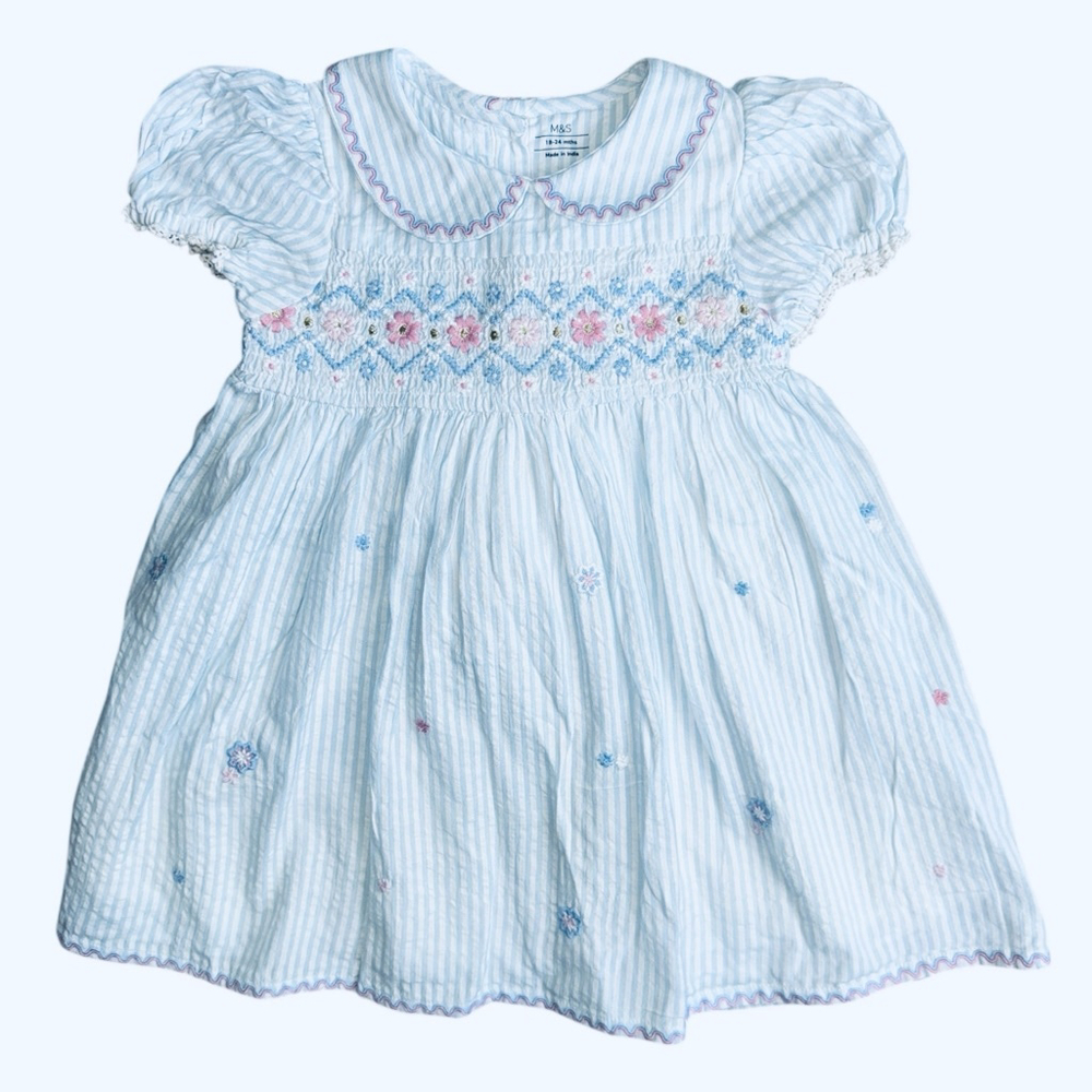 Marks and Spencer Blue Striped Smocked English Party Dress & Diaper Cover 18-24m